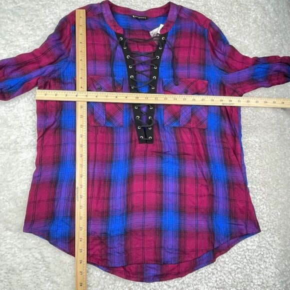 Express Plaid Lace Up Tunic Blouse Blue Pink NEW DEFECT - Picture 8 of 9
